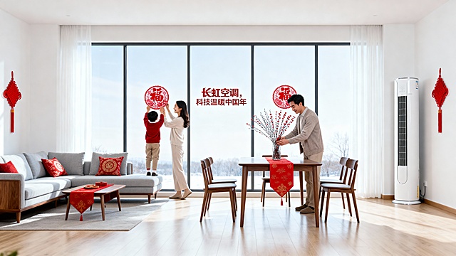 广角镜头视角，展现一个开阔的现代简约风格开放式客餐厅。画面采用居中对称构图，营造出稳定、宏大的空间感。室内以白色、浅灰和原木色为主色调，点缀着中国红的春节装饰（如窗花、桌旗、靠垫），整体色彩明亮干净。背景是一整面巨大的落地窗，窗外是明亮、略微过曝的冬日天空或淡雅的城市远景，为画面后方提供了大量明亮的留白区域。在这片留白处，适合添加“长虹空调，科技温暖中国年”等标题文字。
近景处，人物活动自然生动：母亲微笑着指导孩子踮脚在窗户上贴红色窗花，父亲在餐桌旁摆放装饰着红点的银柳。一台白色的长虹空调自然地融入墙角的家居环境中。画面前景的地板区域也保持简洁、明亮，形成了另一处视觉缓冲空间。光线柔和均匀，氛围温馨且充满爱意。超写实风格，高质量渲染，8K分辨率，细节精致，注重空间层次感。