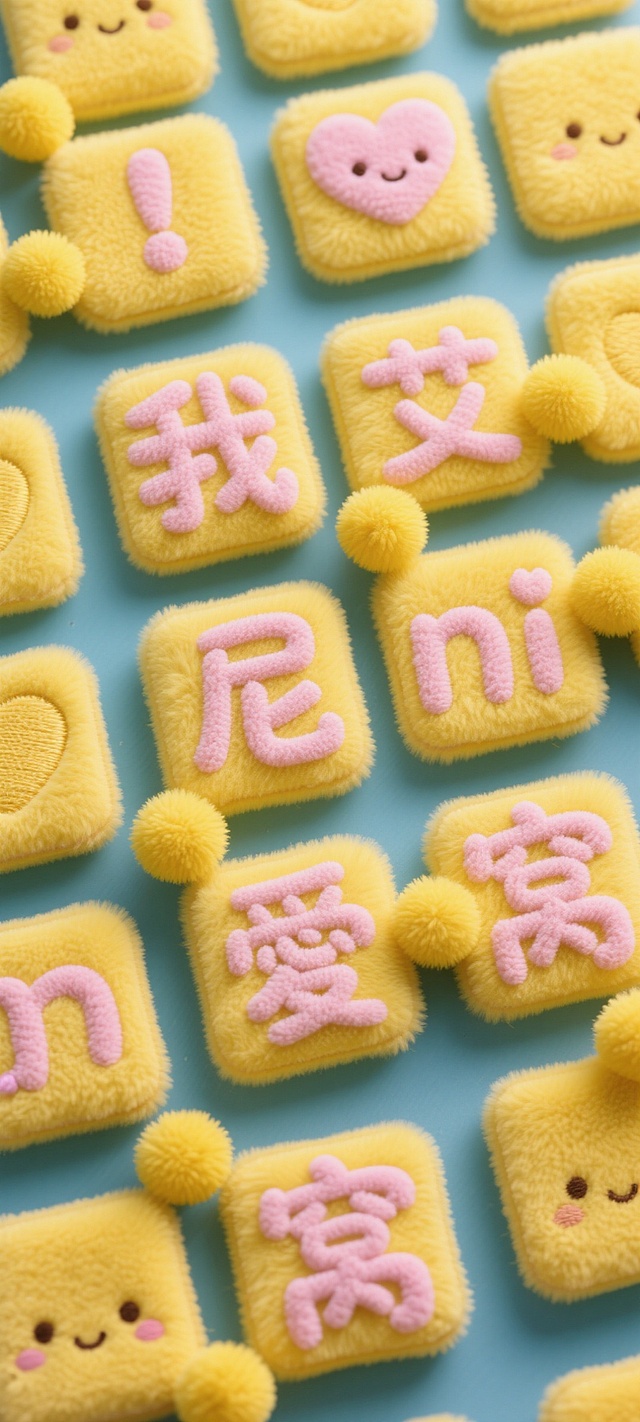 画面中是大量黄色系的毛绒方块，上面绣有 “我”“艾”“尼”“尼”“愛”“窝” 等字样，字体圆润可爱，颜色以黄色和粉色为主，还点缀着一些黄色的毛绒球。画面比例1:1