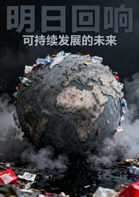 静态海报设计，主题《明日回响：可持续发展的未来》，对当前塑料污染和资源浪费问题进行视觉警示，画面呈现被垃圾和污染笼罩的灰暗地球，对比鲜明，引人深思，主标题"明日回响"副标题"可持续发展的未来"，强烈的预览效果