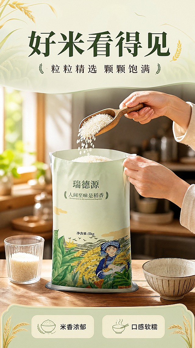[第6张] 手部操作页-瑞德源稻香米舀米淘米手部动作展示。本张使用【图1】正面米袋作为产品主体。
[商品] 使用【图1】正面瑞德源5kg稻香米袋；保留包装所有细节，米袋开口朝上放置。
[画面] 目标展示家常舀米的烟火气场景。画面主体为一双女性的手正在从瑞德源米袋中舀出白米，米粒从木勺中洒落，晶莹剔透；米袋开口朝上放置在木质厨房台面上，占比约40%；旁边有一个装了半杯米的玻璃杯和一个陶瓷米碗；背景是虚化的厨房环境，有温暖的自然光从窗户照入。
[视觉] 套系策略：风格=田园民族风+家常烟火气，温暖自然商业摄影质感；标题字=温润宋体粗体；正文字=简洁黑体；主色=浅草绿+米白色；背景延展=基于米白和浅绿做渐变层次、稻田虚化质感；强调色=金黄色，仅用于稻穗、标签点缀和高光；标题色=深墨绿色；正文色=深棕色；组件=圆角浅底信息卡、细线引线、稻穗装饰元素；光影=窗边自然光，柔和侧光，手部和米粒有自然高光，整体温暖有生活气息。
[文字] 顶部标题+底部卖点。主标题「好米看得见」，副标题「粒粒精选 颗颗饱满」，温润宋体居中；底部两个卖点标签：「米香浓郁」「口感软糯」；文字不遮挡手部和产品主体。
[规格] 9:16竖版比例，4K分辨率，文字清晰可辨，高清画质。负向：手部变形，产品变形，水印，文字错乱，背景杂乱，米粒不真实，米袋包装错误，手指畸形。