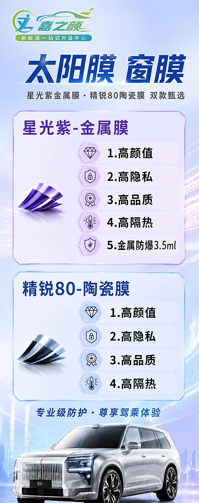 在这张亮色系太阳膜窗膜海报的左上角添加"嘉之颜"品牌logo，logo包含蓝绿色汽车造型图案、"嘉之颜"大字和下方"新能源一站式升级中心"小字。logo保持原设计的蓝绿渐变色，清晰完整，大小适中适配竖版海报宽度，与左上角边缘留有安全边距，不遮挡主标题"太阳膜 窗膜"文字，主标题位置可适当下移调整。其余画面内容、版式、配色、产品信息、卖点文字和底部汽车均保持不变。画面中所有数字必须精确渲染，不得错位、遗漏或编造。