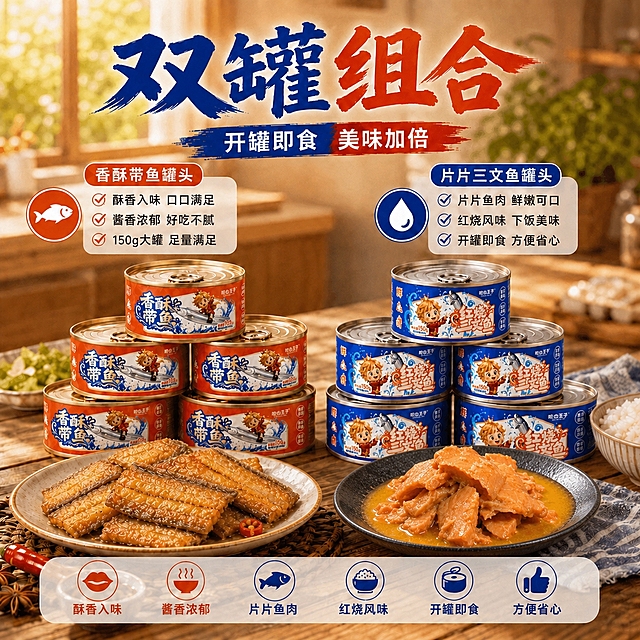将上一张双罐组合图中右侧白色盘子里的三文鱼替换为本图中黑色盘子里的红烧三文鱼的样子，保持双罐组合图的整体构图、光线、背景、文字、罐头堆叠和桌面环境完全不变，替换后的鱼肉与盘子、光影和透视自然融合，真实自然，无违和感