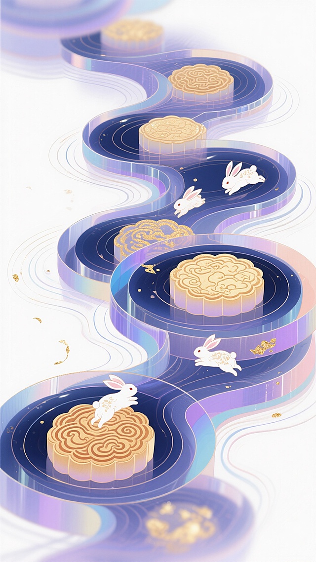 新中式美学融合意识流的梦幻插画。画面由数十层半透明、重叠的玻璃涟漪构成，每层玻璃涟漪都以表现出深蓝、淡紫、金色的水纹或云纹，像月饼的形状，光线穿透这些涟漪形成华灯初上的奇幻效果。几个中国风的小兔子，梦境般穿梭于这些涟漪形成的千重浪之间，背景为极致的淡雅白色留白，仅有涟漪的边缘隐约可见。肌理磨砂，高斯模糊，动态模糊，炫彩光影。俯视，超广角镜头。氛围大气而灵动，极具观赏性。