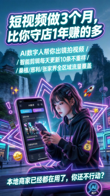 赛博霓虹风张家界商家获客宣传海报，紫青色霓虹光，背景是张家界天门山元素结合赛博城市的创意场景，主标题大字：“短视频做3个月，比你守店1年赚的多”，核心内容：AI数字人帮你出镜拍视频 / 智能剪辑每天更预览效果