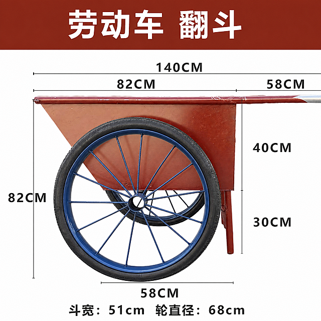 将这张图里原有的红色车轮替换为第二张图中的蓝色完整车轮，保留所有原尺寸标注文字和翻斗车结构，保持整体商品展示效果