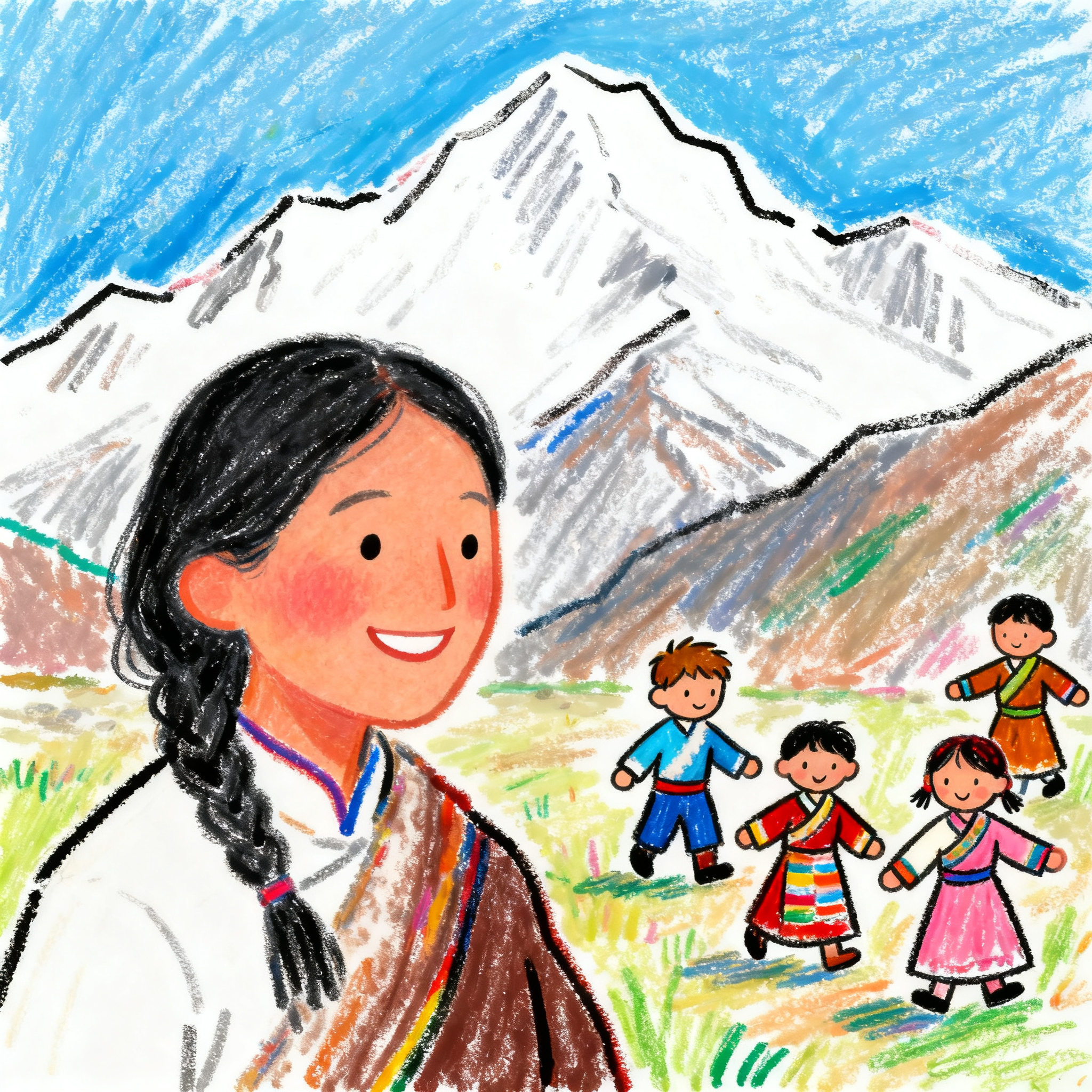 涂鸦插画风格，藏族妈妈在雪山前披着头发微笑，头像构图，远处有四… - 图片创意预览
