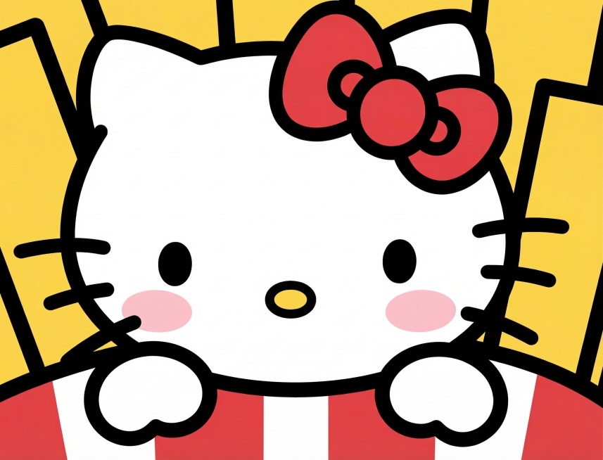 将薯条包装上的Hello Kitty替换为图2带粉色腮红的Hello Kitty形象，保持薯条和包装原有样式，风格统一预览效果