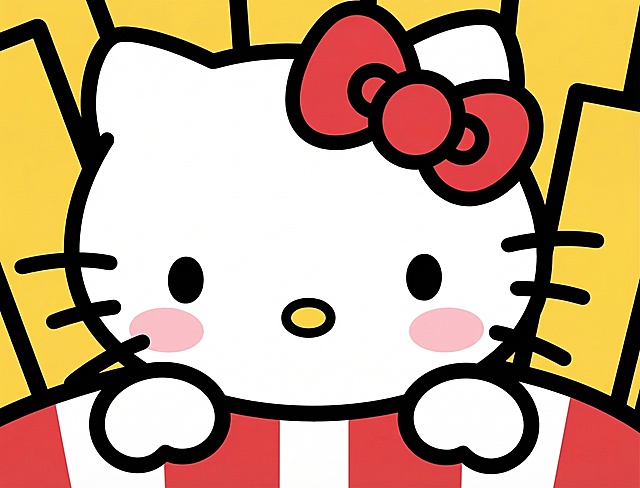 将薯条包装上的Hello Kitty替换为图2带粉色腮红的Hello Kitty形象，保持薯条和包装原有样式，风格统一