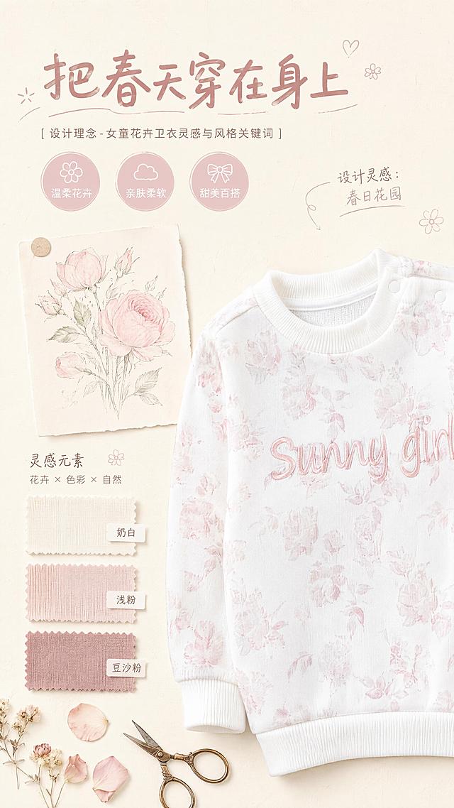 [第2屏] 设计理念-女童花卉卫衣灵感与风格关键词。本屏使用【图1】作为商品局部展示。
[氛围/风格] 清新文艺灵感拼贴风，奶油米色基底，手绘感装饰，柔和治愈，儿童服饰设计感。
[元素布局] 画面右侧展示卫衣上半身局部特写（领口+胸前刺绣+肩部花卉），占比约40%，保持粉白花卉图案、刺绣字样与输入图一致；左侧为设计灵感区：上方手绘水彩花卉草图（粉色玫瑰线稿），中间面料色卡（三块：奶白、浅粉、豆沙粉布料小样），下方散落干花花瓣和小剪刀道具；背景为带细微纹理的米白色卡纸质感，有淡淡的铅笔线条装饰。
[光影质感] 均匀柔和顶光，面料纹理清晰可见，色卡边缘有细微投影，整体平整明亮，文艺感十足。
[配色色系] 全局底色 #FAF5EC（米白卡纸）；主色粉白花卉；辅助色豆沙粉、奶咖色、浅绿（花叶）。
[视角构图] 俯视平铺构图，左右分栏，阅读动线左上方标题 → 左侧灵感元素 → 右侧产品局部。
[文字版式] 版式为顶部大标题 + 左侧灵感关键词 + 右侧产品图。主标题「把春天穿在身上」，圆润手写体，粉棕色，位于顶部居中偏左；下方三个风格关键词圆形标签：「温柔花卉」「亲肤柔软」「甜美百搭」，每个标签配小图标，浅粉底色白字；右侧产品旁小字标注「设计灵感：春日花园」；文字清晰不拥挤。
[比例分辨率] 9:16竖版比例，4K分辨率，文字清晰可辨，高清画质。
[负向提示词] 卫衣变形，图案错乱，文字过小，水印，颜色偏差，背景杂乱，成人风格。