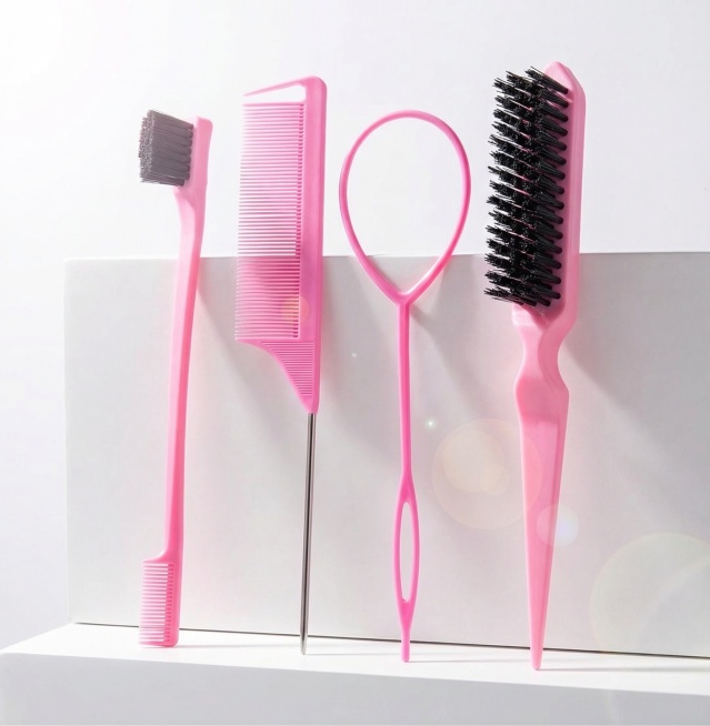 跨境Shein平台商业产品展示图，主体为一整套粉色美发工具套装，包含双头眉刷、挑染钢针尖尾梳、掏发盘发器、打毛梳，保持所有产品主体物理结构不变。场景为极简纯白美妆背景，经典侧逆光，清晰轮廓光，高对比度预览效果