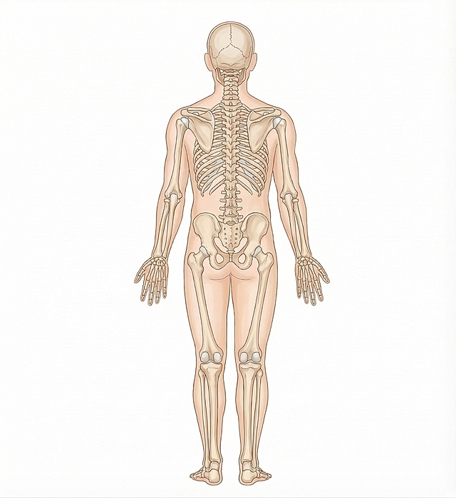 参考这张图的手绘风格、配色，生成一张人体全身背面骨骼示意图，去除所有标注，背景为纯白色