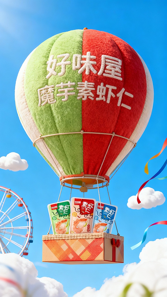 一个带有主体配色的大型热气球，吊篮为礼盒样式，礼盒里放着图中所有物品，气球上绣着“好味屋 魔芋素虾仁”，背景展示高饱和蓝天、摩天轮、云朵、彩带等元素，营造出活泼、精致的氛围。