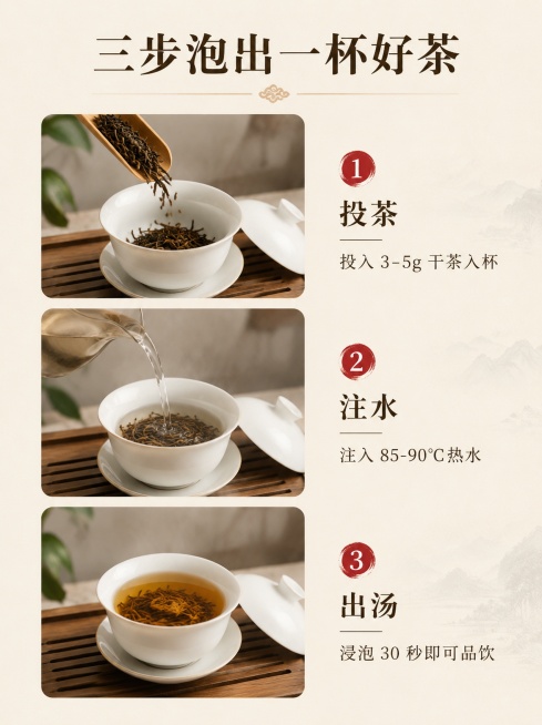 [第9屏] 冲泡指南页-金骏眉三步简易泡法教学。
[氛围/风格] 茶道美学，干净清晰，步骤明确，雅致氛围。
[元素布局] 分三个纵向步骤区，每区搭配一张小图+对应文字：1.投茶：投入3-5g干茶入杯；预览效果
