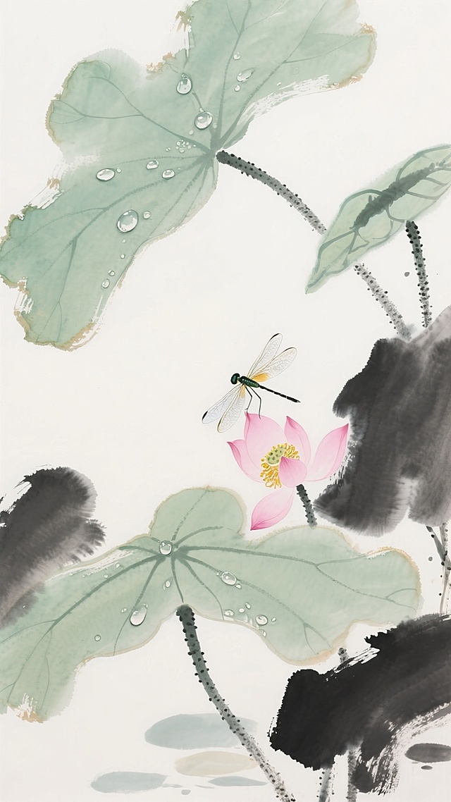 清新水墨工笔风，荷叶露珠晶莹，蜻蜓点水，荷花绽放，尽显夏日雅韵。