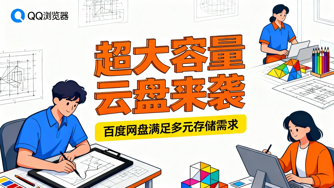 左上角QQ浏览器logo，中央大号橙色立体标题“超大容量云盘来袭”配黄色标签“百度网盘满足多元存储需求”。场景为创意工作室，展示设计师使用绘图板工作，周围有设计图纸、彩色笔、模型等元素。构图以标题为核预览效果