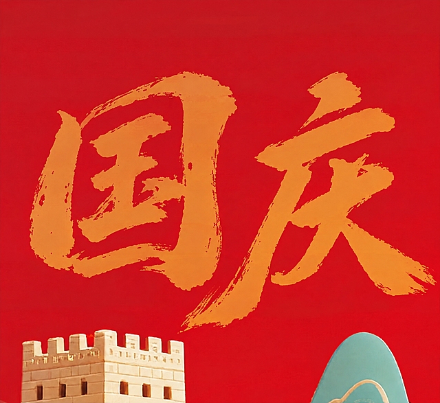 将图中的金色数字'76'替换为金色书法字体'国庆'两个字，毛笔笔触风格，笔刷飞白质感与原数字完全一致，橙金色，正红色背景保持不变，下方的长城城楼和青色山峰完全保留不动，画面其他所有元素都不要改动，尺寸比例不变，只替换文字