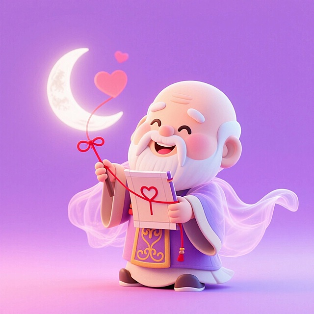 七夕月老手持姻缘簿和红线，慈祥微笑，仙气缭绕，粉紫色渐变背景。