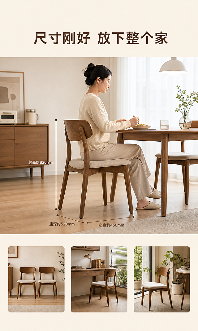 [商品] 使用图 https://gdesign-dam-hz.dancf.com/37956193204164757/940494ed6f4c4cd0863179e4771d649d.png?x-oss-process=image/resize,l_3000,image/crop,w_3000,h_3000,g_center 的北欧实木餐椅；严格保留：深胡桃木色实木框架、弧形靠背双竖杆、米白布艺圆角坐垫、黑色防滑脚垫；尺寸比例约：总高820mm、座宽460mm、座深520mm；不改变结构、比例、配色、材质。
[画面] 第7段空间尺度：主标题“尺寸刚好 放下整个家”置于顶部文案区；主图=北欧小户型餐厅一角，年轻亚洲女性坐本款餐椅侧身用餐，产品作为参照主体占画面约45%；椅身叠加细线尺寸标注：总高约820mm、座宽约460mm、座深约520mm，标注横向排版不遮挡人物；底部三张小图：餐椅并排两把靠墙、单人位置于书桌前、阳台休闲角落；上下各留约20%纯暖米白背景区无缝拼接。
[视觉] 套系策略：风格=北欧中古现代生活方式摄影+细腻电商排版；标题字=现代无衬线粗体；正文字=简洁无衬线体；主色=暖米白#FAF3E9；背景延展=顶部与底部各20%同色浅沙渐变纯背景、完全连续无暗角无阴影；强调色=深胡桃木棕#6B4A2F仅用于尺寸引线/标签；标题色=深胡桃木棕#6B4A2F；正文色=中暖灰#6B6258；组件=细线尺寸标注+圆角板卡；光影=暖自然光、真实家居氛围。
[文字] 主标题“尺寸刚好 放下整个家”，尺寸标注“总高约820mm”“座宽约460mm”“座深约520mm”，仅横排。
[规格] 3:5竖版1080×1800，4K，摄影质感，亚洲人物，禁止错字、竖排文字、尺寸标注遮挡人物、变形缺件、冷蓝主调。