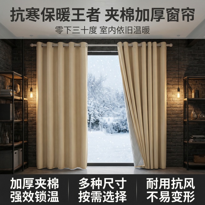 保持窗帘的面料款式材质不变，窗帘外面是冰天雪地，文字可以修改成关于保暖防寒的商品卖点，改变场景和角度，裂变为不同风格的电商主图预览效果