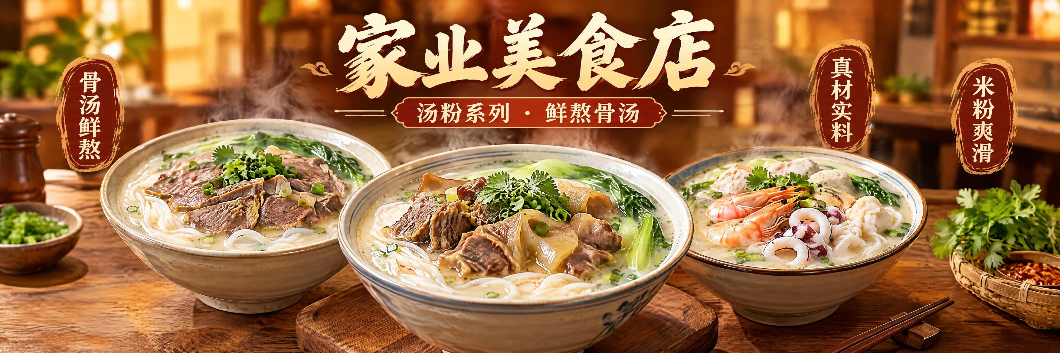 写实商业摄影风格，汤粉店宣传海报横幅设计。画面中央是三碗不同口… - 图片创意预览