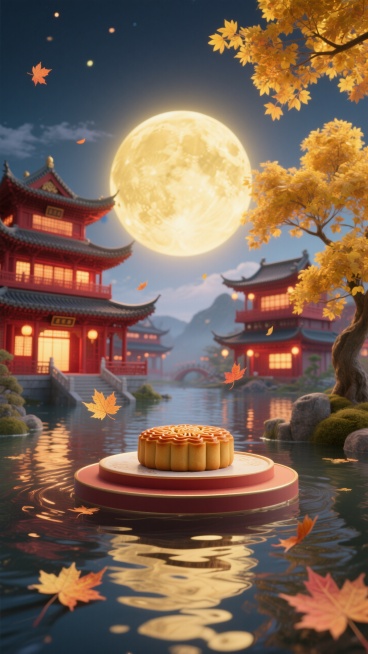 国风虚拟电商场景图。前景是一个圆形月饼展台，水面波光粼粼，几片枫叶飘落。背景亮灯的深红色传统中式楼阁建筑群、金黄枫树，金色的天空挂着一轮发光的圆月预览效果