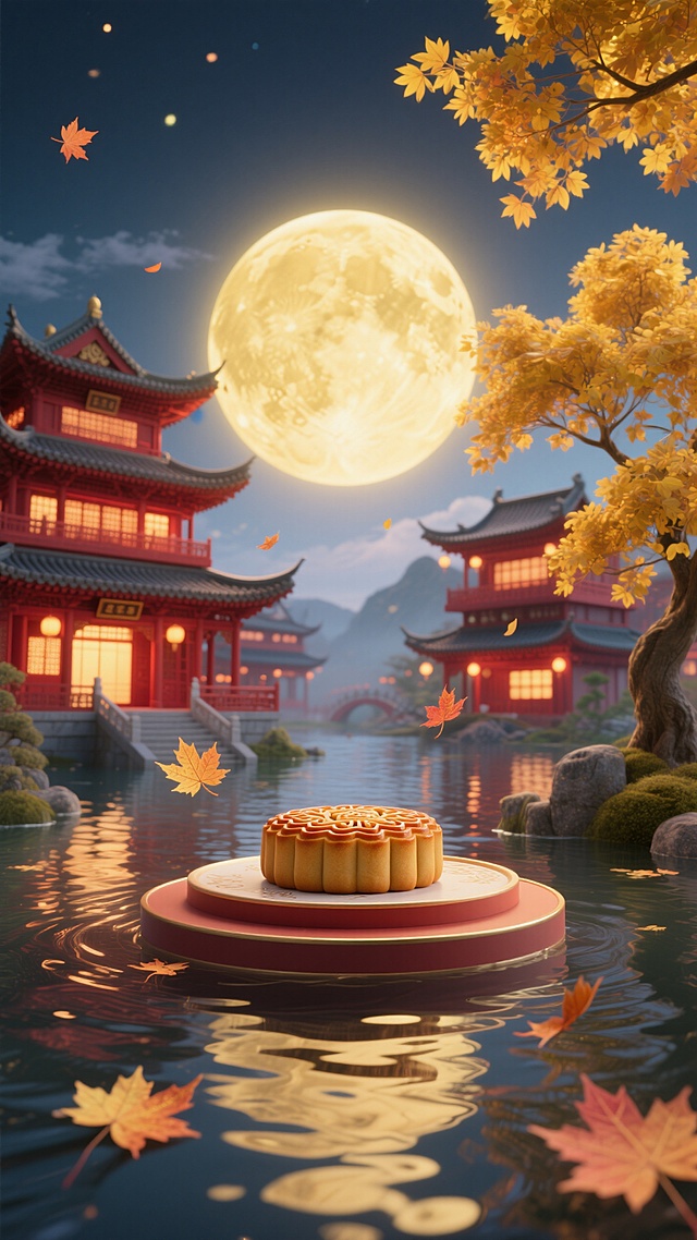 国风虚拟电商场景图。前景是一个圆形月饼展台，水面波光粼粼，几片枫叶飘落。背景亮灯的深红色传统中式楼阁建筑群、金黄枫树，金色的天空挂着一轮发光的圆月
