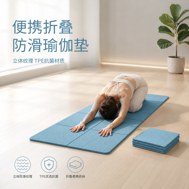 [单张主图] 可折叠TPE瑜伽垫，高级氛围感主图，商品高级展示，展示产品便携折叠优势和使用场景。[画面主体] 雾霾蓝色可折叠瑜伽垫展开平铺在干净浅原木客厅地面，一位年轻身材匀称的美女身着浅色运动服，优预览效果