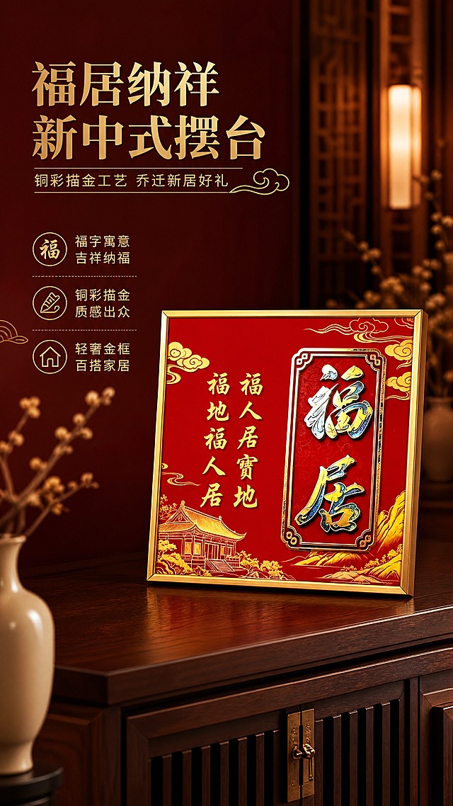 [商品] 使用【图1】福居新中式装饰摆台；保留红色底、金色祥云纹样、"福居"立体描金大字、左侧"福人居宝地 福地福人居"竖排金色文字、左下角金色古建筑图案、右侧金色山水纹样、金色细金属外框、正方形20cm×20cm比例；不带灯；增强画面清晰度、金属框光泽与描金纹理质感，去除桌面和背景杂物，不改变商品本体文字和图案。
[画面] 目标：氛围头图，突出产品吉祥寓意与新中式高级颜值。构图：产品居中偏右，占画面约55%，微微仰视角度摆放于新中式玄关柜上；左侧留白放文案；前景有浅色陶瓷花瓶与干枝点缀，中景为产品摆台，后景为深木色玄关柜与暖光壁灯虚化，营造雅致东方家居氛围。阅读动线：左上标题→左下卖点→右侧产品。
[视觉] 套系策略：风格=新中式国风喜庆高级商业摄影；标题字=宋体粗体（带衬线，典雅厚重）；正文字=现代简洁黑体；主色=中国红+鎏金；背景延展=基于红金做深浅层级、同色渐变和细腻宣纸/木纹质感；强调色=暖金色，仅用于小面积图标、引线和装饰线条；标题色=深金红；正文色=暖棕灰；组件=圆角金边信息卡、细金线引线、祥云装饰元素；光影=左前侧暖柔光，产品正面清晰，金属框有自然高光。
[文字] 左上区域：主标题"福居纳祥 新中式摆台"，副标题"铜彩描金工艺 乔迁新居好礼"；下方3个短卖点：① 福字寓意 吉祥纳福 ② 铜彩描金 质感出众 ③ 轻奢金框 百搭家居；文字横排，不遮挡产品主体。
[规格] 图片比例9:16竖版，4K分辨率，负向提示：避免变形、错字、文字过小、冷蓝/冷灰背景、产品颜色改变、带灯发光效果、边框缺失、图案错乱、杂物、水印。