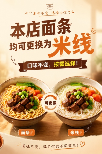 本店面条均可更换为米线，口味不变，按需选择！做成一张海报预览效果