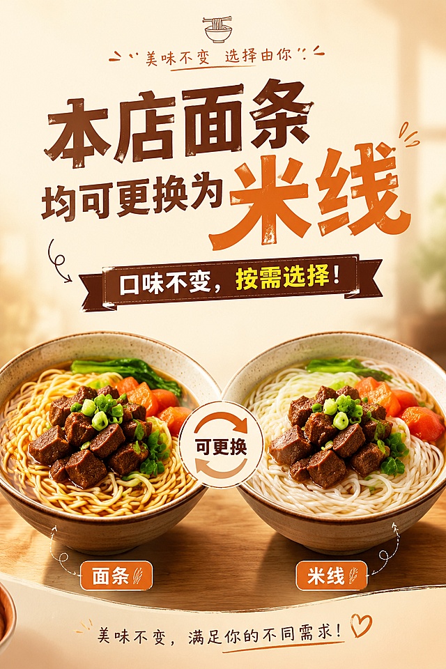 本店面条均可更换为米线，口味不变，按需选择！做成一张海报