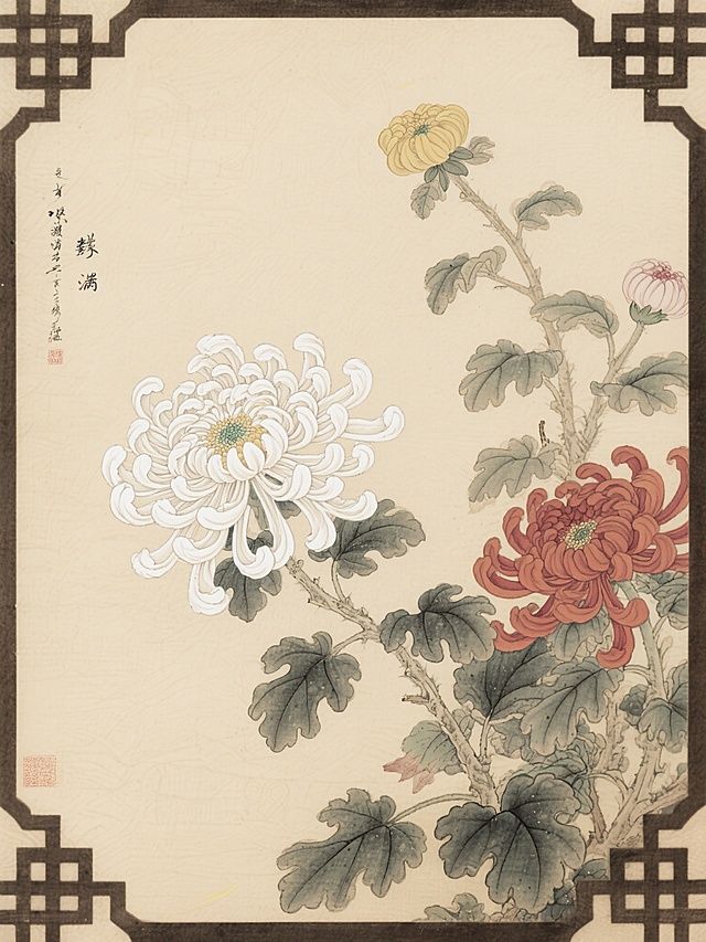 《梅兰竹菊之菊花》古典感工笔风，水彩细腻描绘菊花，色彩柔和，尽显雅致韵味。