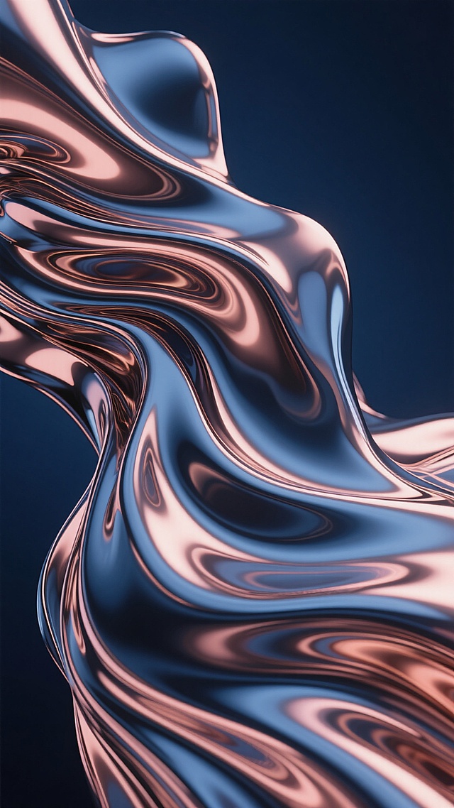 具有强烈流动感的液态金属质感背景，整体以深邃的午夜蓝与明亮的玫瑰金为主色调，保留原有的光滑曲面、扭曲波纹形态和强烈的高光反射效果，金属表面呈现出细腻的光泽变化和清晰的阴影层次，色彩过渡自然且富有层次感，营造出科技感与奢华感并存的视觉效果。