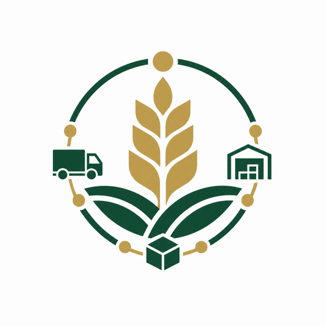 设计一个正方形logo，融合食品采购配送供应链元素，图形简约现代，包含麦穗或粮谷元素呼应食品，加入链路线条体现供应链配送含义，主色调为深绿色搭配浅金色，风格沉稳专业适合企业，纯干净白色背景，logo整预览效果