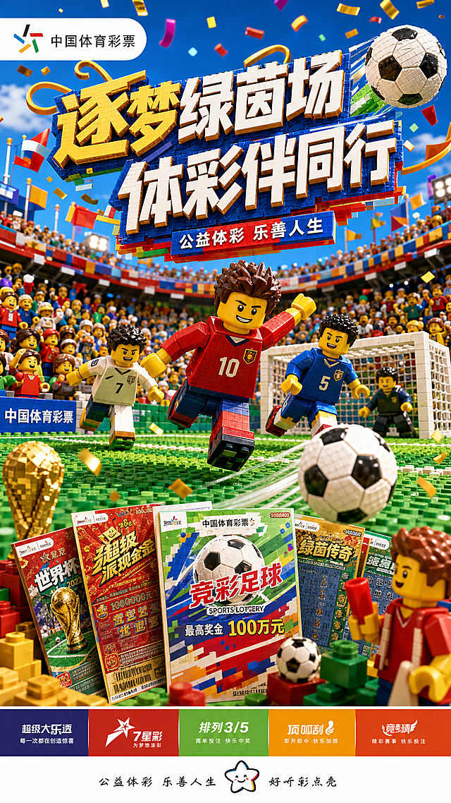 乐高积木风格构建的足球赛场，融合现代感与科技感，3D立体视觉呈现赛博朋克风霓虹色彩，虚拟现实氛围中展现公益体彩的活力与未来感。