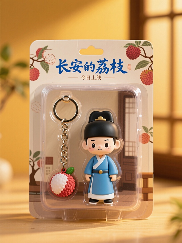 盒子上部有文字“长安的荔枝”，小标题“今日上线”，周围有荔枝的元素，荔枝树