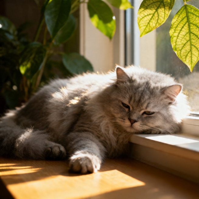 一只可爱的猫咪，趴在洒满阳光的窗台上，毛发蓬松柔软，背景有绿色植物点缀，整体氛围温馨治愈，高清写实风格预览效果
