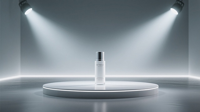 极简主义舞台设计，用于护肤产品展示，宁静氛围，聚焦单一产品，数字环境，C4D OctaneRender和BlenderStudio渲染，高质感灯光，超高清分辨率
