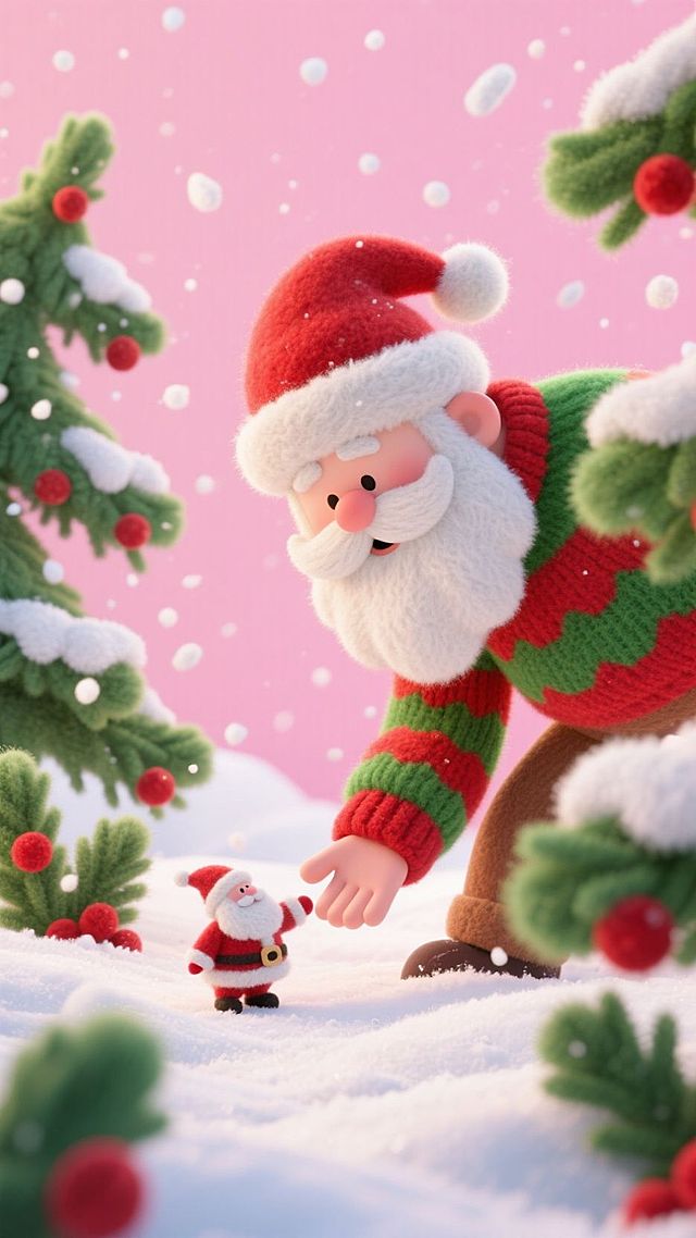 特写一个大的圣诞老人身着红绿毛衣，头戴圣诞帽，从雪地后探出俯身玩弄雪地上的小圣诞老人，周围环绕绿色松枝、红色浆果，雪花飘落营造圣诞动态氛围，背景为粉色。