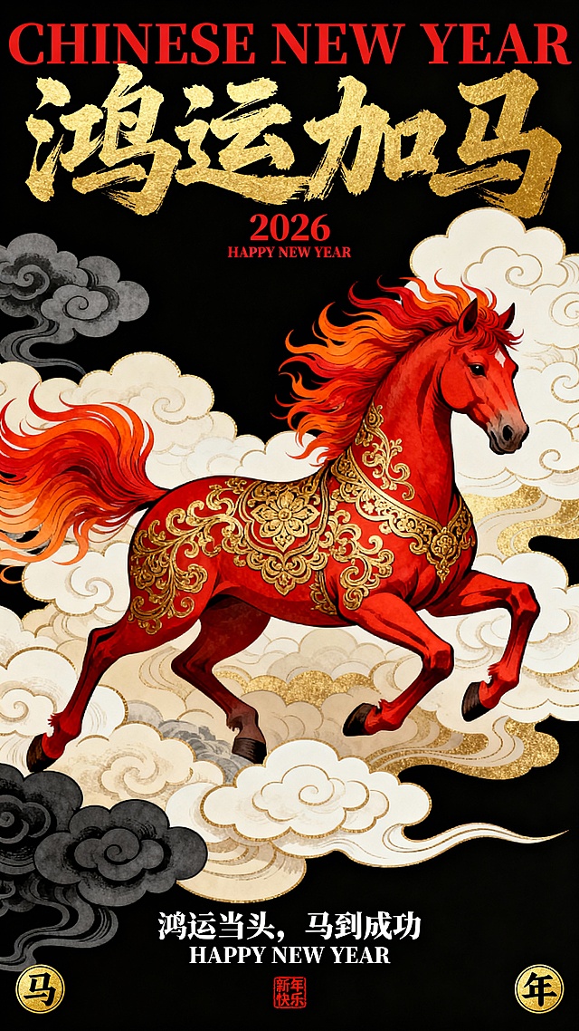 国潮浮世绘风格马年主题插画，纯黑背景，主体为一匹通体赤红的骏马呈奔腾姿态，鬃毛与尾毛化为橙红渐变的火焰状纹理，马身装饰繁复的金色传统缠枝花纹与云纹纹样，周围环绕层次丰富的米白、浅金祥云图案，左侧点缀深灰云纹，整体采用高对比度的红、金、黑配色，以细腻的日式浮世绘线条勾勒，营造出热烈磅礴、充满力量感的视觉效果，适合作为马年春节的开运主题装饰画。文字排版为：顶部是红色大写英文字体 “CHINESE NEW YEAR”，叠加金色书法主标题 “鸿运加马”，字体笔触粗犷有力，下方标注 “2026” 与红色小字 “HAPPY NEW YEAR”；底部居中是白色副标题 “鸿运当头，马到成功”，其下方为白色英文字体 “HAPPY NEW YEAR”；左下角有金色圆形 “马” 字标识，右下角有金色圆形 “年” 字标识，底部中央点缀 “新年快乐” 红色印章，整体风格大气热烈，寓意马年鸿运连连、万事顺遂。