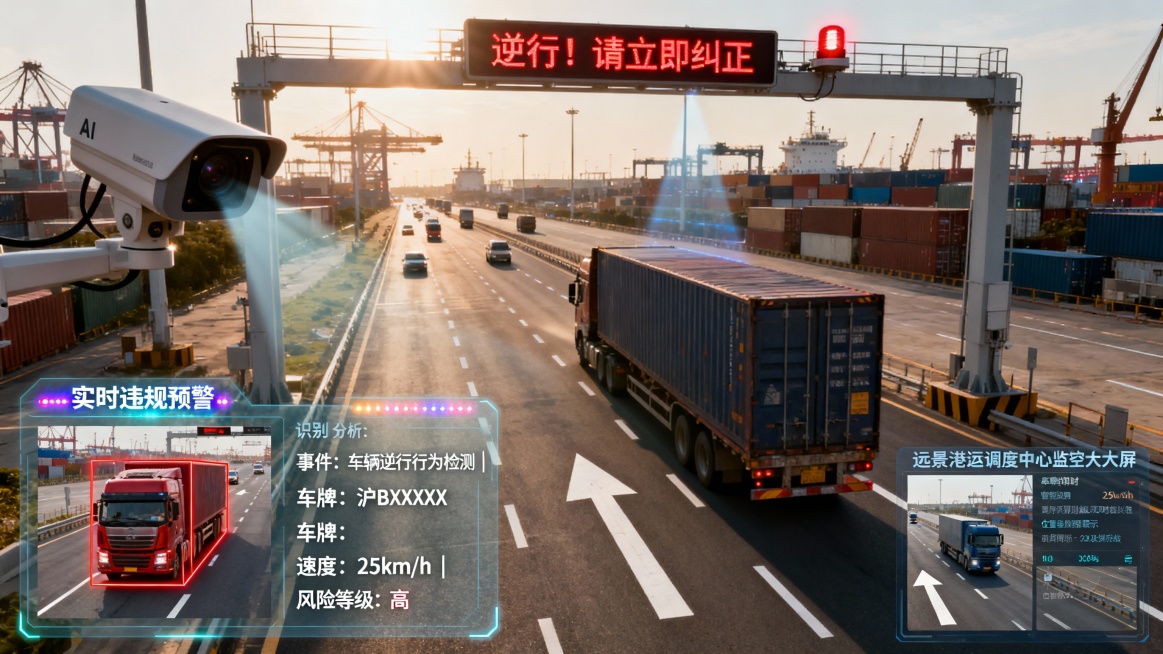 港口内部主干道，阳光下的路面标有清晰的车道方向箭头。一辆大型集装箱卡车正错误地沿单向车道逆向行驶，与正常车流方向明显相反。

在道路上方的龙门架上，一台AI摄像机正对准该路段，镜头发出一道柔和的扫描光预览效果