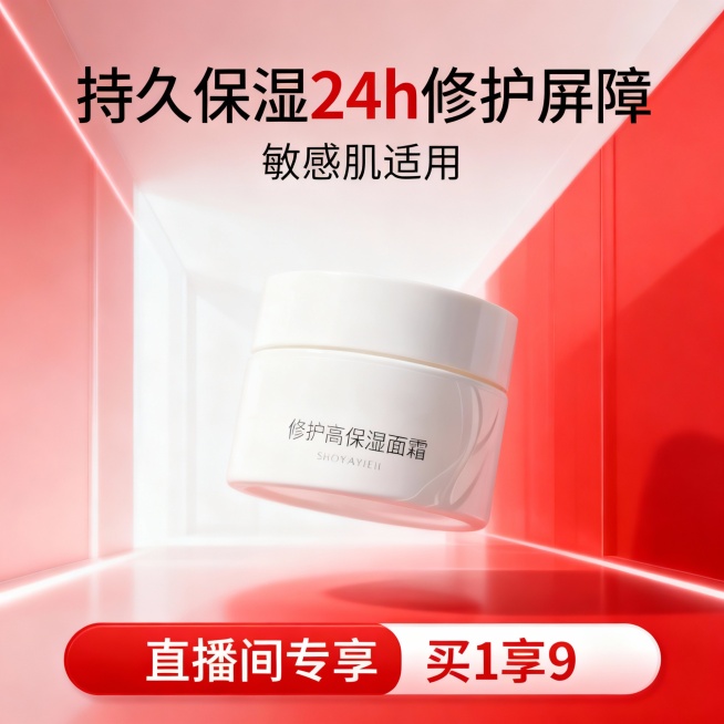 商品悬浮在空中，背景为红白渐变空间感设计。商品卖点“持久保湿 24h修护屏障”“敏感肌适用”艺术字呈现。底部文字栏信息为“直播间专享 买1享9”，红白渐变，美妆促销氛围电商主图。预览效果
