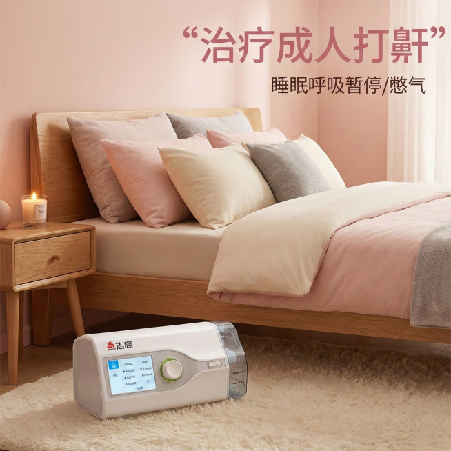 帮我生成5张不同的淘宝推广创意图，要求场景是睡眠环境、床边。主文案：治疗成人打鼾，副文案：睡眠呼吸暂停/憋气预览效果