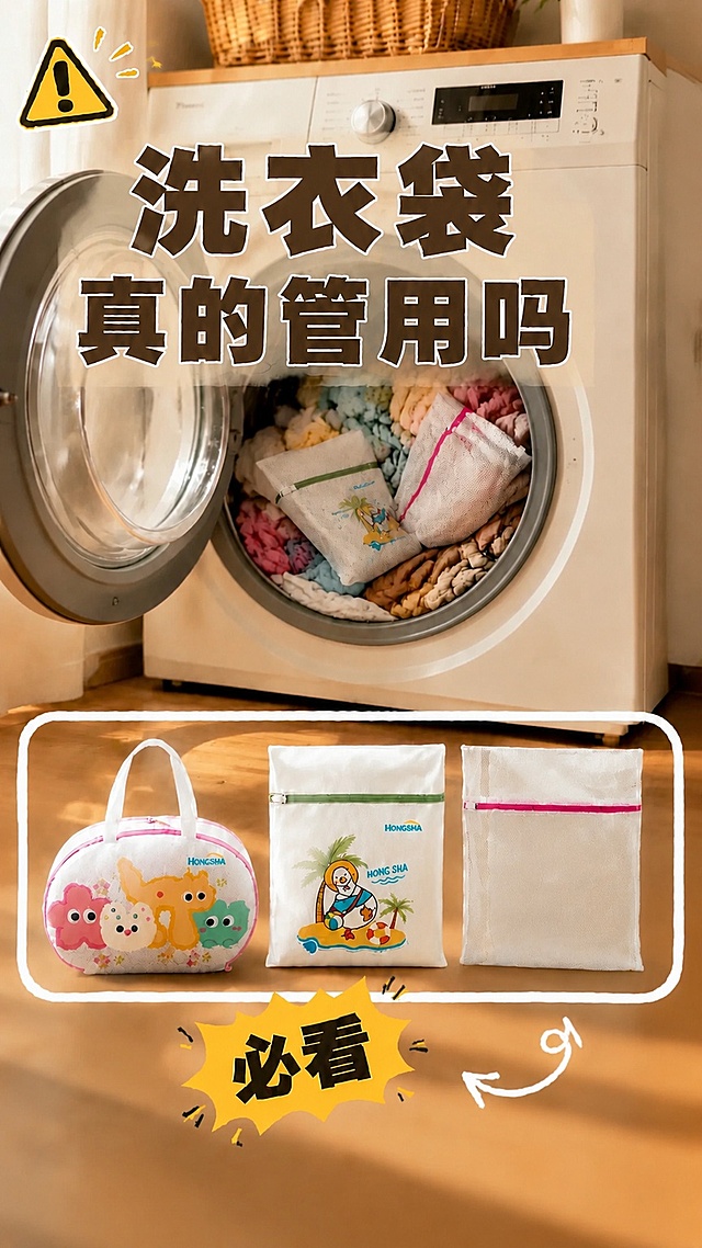 修改第一张图下方白色框内的三个洗衣袋，完全还原成第二张参考图中三个洗衣袋的真实细节：1. 左侧圆形洗衣袋：真实网眼材质，粉色拉链，白色提手，印有黄色和绿色卡通形象及HONGSHA字样，图案清晰准确；2. 中间方形洗衣袋：白色网布材质，绿色拉链，印有清晰的戴草帽鸭子沙滩图案和HONG SHA/HONGSHA字样，细节完整；3. 右侧方形洗衣袋：纯白色细网眼材质，粉色拉链，网孔纹理真实。保留原海报整体构图、文字排版和洗衣机背景，9:16竖版，产品质感真实清晰