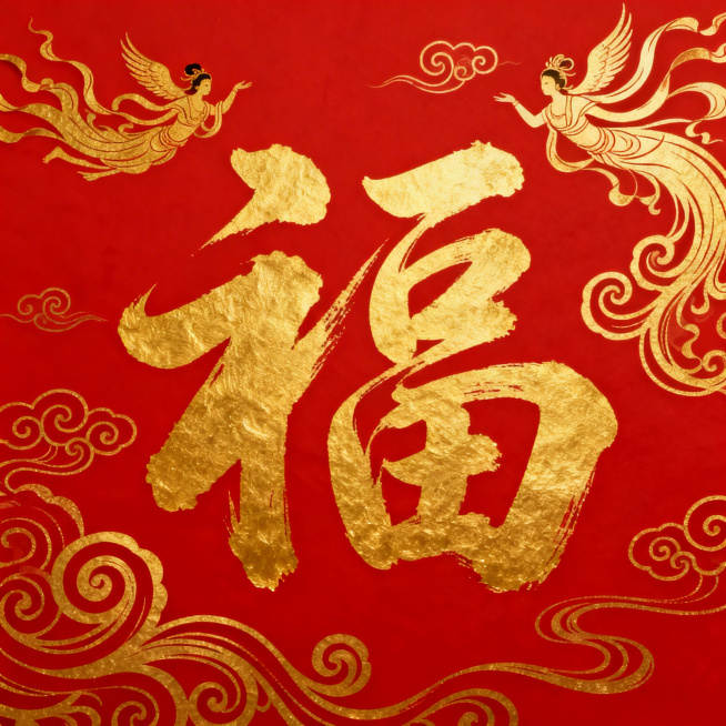 红底金福字，古风风格，福字为草书，背景搭配金色飞天纹样、卷草纹，整体洒脱灵动预览效果