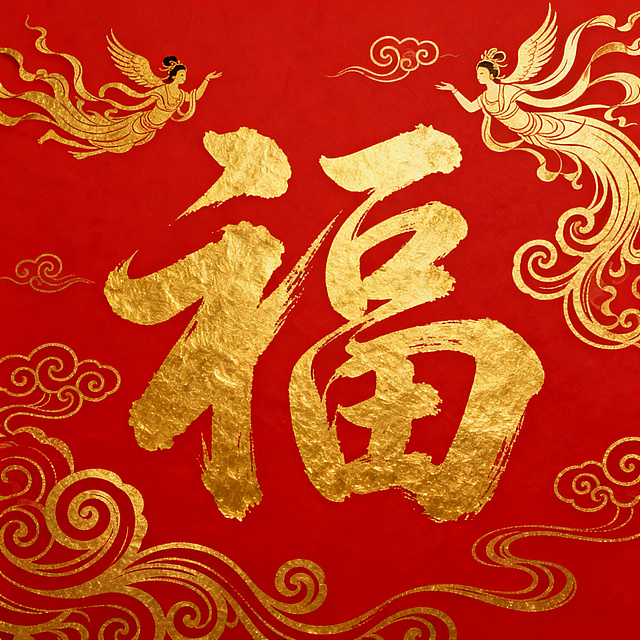 红底金福字，古风风格，福字为草书，背景搭配金色飞天纹样、卷草纹，整体洒脱灵动