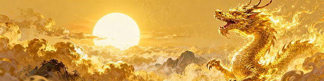 云雾翻涌的背景图，整体为金色，天空有刺目的旭日，远处有隐隐约约的山峦，画面鲜明，整体饱和度高，光彩夺目，大气磅礴，在画面最右侧有一只向上腾飞的金龙，周身环绕金光，面目狰狞威严，画面为横板，比例4：1