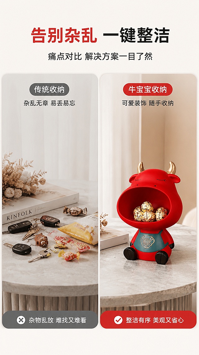 「图片1」，生成一套详情页，商品名称为牛宝宝收纳盒，适配抖音/快手平台，单图比例为9:16，需求屏数为8张。