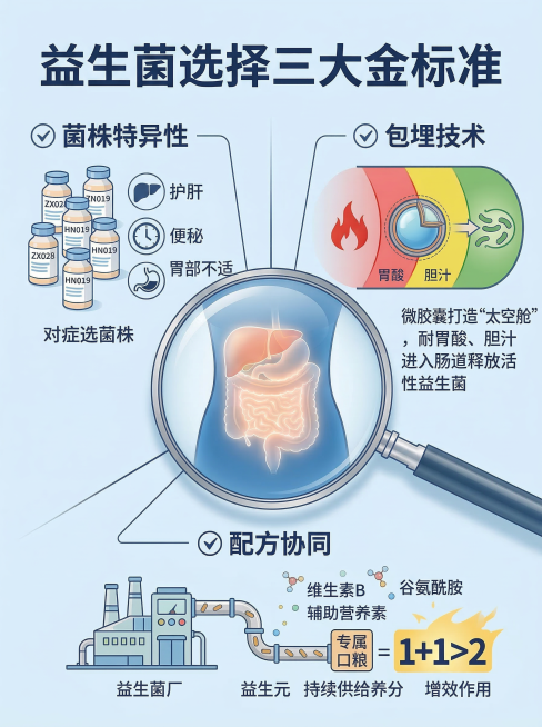 修正图中所有错误文字：标题改为“益生菌选择三大金标准”，左上角“生菌特定侏”改为“菌株特异性”，“肝胪”改为“护肝”，“胃淡”改为“胃部不适”；右上角“封襄技术”改为“包埋技术”，“胆脂”改为“胆汁”预览效果