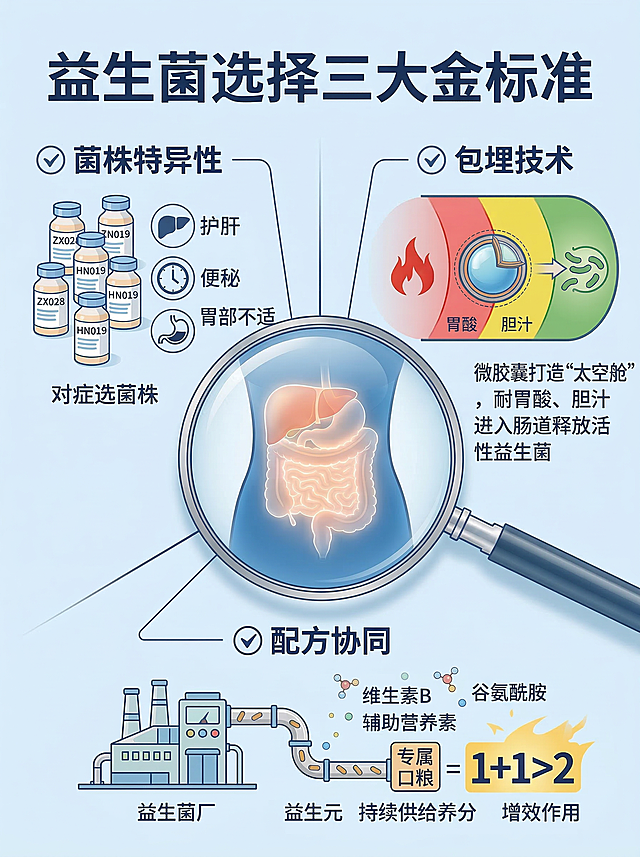 修正图中所有错误文字：标题改为“益生菌选择三大金标准”，左上角“生菌特定侏”改为“菌株特异性”，“肝胪”改为“护肝”，“胃淡”改为“胃部不适”；右上角“封襄技术”改为“包埋技术”，“胆脂”改为“胆汁”，描述文字改为“微胶囊打造‘太空舱’，耐胃酸、胆汁，进入肠道释放活性益生菌”；下方“配方协调”改为“配方协同”，“专属货食”改为“专属口粮”，“吸噙腱”改为“谷氨酰胺”，“持续续拱食”改为“持续供给养分”，“能量光净效”改为“增效作用”，其余画面内容保持不变