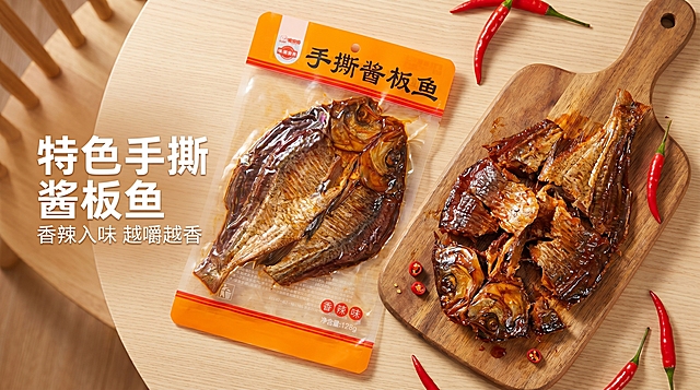 手撕酱板鱼商品详情首图，展示完整产品和核心卖点，氛围香辣诱人食欲满满，商业摄影质感，光线柔和通透，产品清晰真实，画面干净高级。完整原包装手撕酱板鱼搭配拆开的实物酱板鱼放在木质砧板上，点缀新鲜红辣椒，背景清新原木餐桌，保持产品包装外观和文字与原图一致，商品主体占比70%，光影自然暖调，突出产品酱红油亮质感，主色调橙黄+深棕+红色对比，俯视平视构图，左侧大字写"特色手撕酱板鱼"，下方小字写"香辣入味 越嚼越香"，16:9比例，2k分辨率，文字清晰，超高清，负向提示词：变形，水印，文字错乱，产品模糊，背景杂乱
